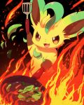  :3 arm_up black_background brown_sclera cooking fang fire frying_pan gen_4_pokemon happy highres holding kemoribon leafeon lettuce no_humans open_mouth pokemon pokemon_(creature) red_eyes simple_background smile solo spatula 
