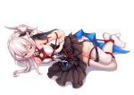  1girl ball_gag bangs bdsm blue_eyes blush bondage bound breasts crotch_rope dress eyebrows_visible_through_hair full_body gag hair_between_eyes hair_ornament hair_over_shoulder honkai_(series) honkai_impact_3rd long_hair looking_at_viewer no_shoes restrained side_ponytail sidelocks silver_hair simple_background small_breasts solo theresa_apocalypse thighhighs tied_up white_background white_legwear yiduan_zhu 