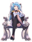  1girl :d a20_(atsumaru) bangs black_footwear blue_eyes blue_hair boots breasts chair commission crossed_legs elbow_rest epaulettes eyebrows_visible_through_hair frilled_sleeves frills full_body hair_ornament hand_up high_heel_boots high_heels highres long_hair looking_at_viewer open_mouth original shrug_(clothing) sidelocks simple_background sitting smile solo twintails very_long_hair white_background wide_sleeves 