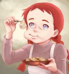  1girl anne_of_green_gables anne_shirley apron blue_eyes braid commentary_request eating freckles lafolie long_hair red_hair solo twin_braids warabimochi world_masterpiece_theater 