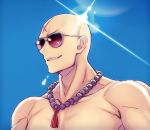  1boy bald bead_necklace beads blue_sky cross_scar fate/grand_order fate_(series) forehead_scar houzouin_inshun_(fate/grand_order) jewelry male_focus matsuryuu necklace portrait shiny shiny_skin shirtless sky smile sunglasses 
