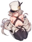  1girl aningay black_legwear breasts closed_mouth dress eyes_visible_through_hair girls_frontline green_hair hair_between_eyes hat hat_feather kord_(girls_frontline) large_breasts long_hair looking_at_viewer off_shoulder pantyhose red_eyes seiza simple_background sitting solo very_long_hair white_background white_dress white_headwear 