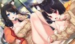  2girls :d animal_ear_fluff animal_ears aran_sweater azur_lane bare_legs bare_shoulders barefoot black_hair blue_eyes breasts brown_sweater cat_ears cleavage collarbone commentary_request dutch_angle fang fusou_(azur_lane) knees_up kurot large_breasts long_hair long_sleeves looking_at_viewer multiple_girls off-shoulder_sweater off_shoulder open_mouth paw_pose red_eyes short_hair sitting smile sweater thighs yamashiro_(azur_lane) 