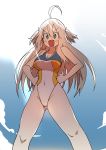  1girl absurdres ahoge blonde_hair blue_eyes blush breasts bural_chingu eyebrows_visible_through_hair fang hands_on_hips highres large_breasts long_hair looking_at_viewer luke_(dydansgur) one-piece_swimsuit open_mouth park_noah shadow smile solo swimsuit two_side_up 