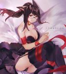  1girl :3 animal_ears ass bell bell_collar black_dress black_legwear black_panties breasts brown_hair cleavage collar collarbone commission dress fox_ears from_side glasses large_breasts looking_at_viewer original panties ponytail red_eyes red_ribbon restrained ribbon rirene_rn solo thighhighs underwear 