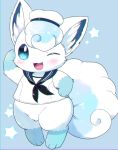  :3 alolan_form alolan_vulpix arm_up bare_shoulders black_neckwear blue_background blue_sailor_collar blush bottomless chromatic_aberration clothed_pokemon commentary_request fang full_body gen_7_pokemon hand_on_hip happy hat highres kemoribon looking_at_viewer neckerchief no_humans one_eye_closed open_mouth paws pokemon pokemon_(creature) sailor_collar salute shirt simple_background sleeveless sleeveless_shirt smile standing star white_headwear white_shirt 