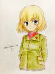  1girl arms_behind_back bangs blonde_hair blue_eyes closed_mouth colored_pencil_(medium) commentary cropped_torso dated eyebrows_visible_through_hair girls_und_panzer green_jacket insignia jacket katyusha long_sleeves pravda_school_uniform q-bee_(aaru) red_shirt school_uniform shirt short_hair smile solo standing traditional_media turtleneck twitter_username upper_body 