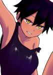  1girl armpits black_hair breasts collarbone earrings hair_between_eyes highres jewelry kurobe_natsumi_(shiromanta) large_breasts looking_at_viewer off_shoulder senpai_ga_uzai_kouhai_no_hanashi shiromanta short_hair simple_background singlet slit_pupils smile yellow_eyes 