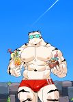  2018 5_fingers abs anthro biceps bulge clothing digital_media_(artwork) felid fingers fur hat headgear headwear hi_res kemono leucistic male mammal muscular muscular_male nipples pantherine pecs solo swimwear syukapong tiger 