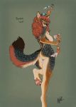  anthro breasts canid canine canis chest_tuft claws coyote dancing digitigrade ear_piercing female fur hair hi_res holding_object inner_ear_fluff long_hair looking_at_viewer looking_back mammal maracas nipple_piercing nipples nude one_eye_closed pawpads piercing pussy raised_arm raised_leg raised_tail red_hair simple_background solo toe_claws tuft wink xolkuikani 