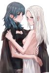  2girls areolae arms_around_waist blue_eyes blush breasts byleth_(fire_emblem) byleth_(fire_emblem)_(female) cleavage coat edelgard_von_hresvelg emika_(ww66229393) eyebrows_visible_through_hair eyes_visible_through_hair fire_emblem fire_emblem:_three_houses green_hair highres lavender_eyes long_hair looking_at_another looking_at_viewer medium_breasts medium_hair multiple_girls nipples sideboob silver_hair simple_background topless upper_body white_background yuri 