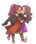 2girls blush boots braid brown_hair carrying closed_eyes dark_skin dorothea_arnault dress earrings facial_tattoo fire_emblem fire_emblem:_three_houses green_eyes highres jewelry kiss long_hair looking_at_another multiple_girls petra_mcnairy ponytail princess_carry purple_hair simple_background tattoo thigh_boots thighhighs ticcy wavy_hair yuri 