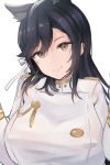  1girl animal_ears atago_(azur_lane) azur_lane bangs black_hair bow breasts brown_eyes closed_mouth commentary_request extra_ears eyebrows_visible_through_hair hair_ribbon large_breasts long_hair mappaninatta military military_uniform mole mole_under_eye ribbon smile solo swept_bangs uniform white_background white_bow white_ribbon 