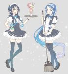  2girls :d alternate_costume blue_eyes blue_hair bow bowtie broom commentary_request enmaided full_body green_eyes grey_background hand_on_hip kantai_collection long_hair maid maid_headdress multiple_girls open_mouth parfait samidare_(kantai_collection) shiosoda simple_background smile standing suzukaze_(kantai_collection) thighhighs tray wrist_cuffs zettai_ryouiki 