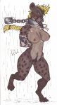  2019 angry anthro bare_shoulders big_breasts bound braided_hair breasts canid canine chained female fur haibet hair hi_res humanoid_hands hyaenid mammal muzzle_(disambiguation) nipples nude pussy scar simple_background solo spots spotted_hyena tatto thick_thighs traditional_media_(artwork) 