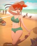  1girl ;d arm_up bare_arms bare_legs bare_shoulders barefoot beach bikini bulbasaur collarbone day freckles gen_1_pokemon green_bikini green_eyes green_swimsuit gym_leader hat highres kasumi_(pokemon) looking_at_viewer looking_back navel ocean one_eye_closed open_mouth orange_hair outdoors outstretched_arm outstretched_hand patreon_username pikachu pokemon pokemon_(creature) sand short_hair side_ponytail silhouette sinner!_(sillygirl) smile solo_focus squirtle standing standing_on_one_leg starmie stomach striped striped_bikini striped_swimsuit sun_hat swimsuit volleyball_net water watermark web_address 