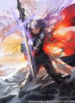  1girl armor armored_boots blue_eyes blue_hair boots breastplate cape cloud cloudy_sky day dragon falchion_(fire_emblem) fire_emblem fire_emblem_awakening fire_emblem_cipher gloves hirooka_masaki long_hair looking_at_viewer lucina_(fire_emblem) official_art outdoors scabbard sheath shield sky smile solo standing sword tiara unsheathed watermark weapon wind 