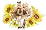  2girls :d absurdres ahoge bangs black_footwear bow brown_bow brown_hairband brown_jacket brown_legwear brown_shirt brown_shorts character_request closed_mouth collarbone commentary commission crescent crescent_earrings doyoom dress_shirt earrings elsword eyebrows_visible_through_hair facial_mark floral_background flower hair_between_eyes hair_ornament hairband high_collar highres huge_filesize jacket jewelry kneehighs light_brown_hair long_hair long_sleeves midriff multiple_girls navel open_clothes open_jacket open_mouth red_eyes red_ribbon ribbon ribbon-trimmed_legwear ribbon_trim round_teeth shirt shoes short_shorts shorts silver_hair smile standing sunflower symbol_commentary teeth thigh_gap thighhighs two_side_up upper_teeth very_long_hair white_background white_footwear white_jacket white_legwear white_shirt yellow_flower 