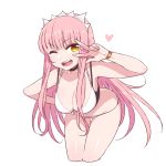  1girl :d ;d bent_over bikini bracelet breasts chan_co choker cleavage cowboy_shot cropped_legs eyebrows_visible_through_hair fate/grand_order fate_(series) hand_on_hip highres jewelry large_breasts long_hair medb_(fate)_(all) medb_(swimsuit_saber)_(fate) navel one_eye_closed open_mouth pink_hair sidelocks simple_background smile solo swimsuit thigh_gap v-shaped_eyebrows w white_background white_bikini yellow_eyes 