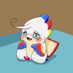  1:1 anthro blue_eyes blue_feathers blush bodily_fluids cocotama crying embarrassed feathers featureless_limbs himitsu_no_cocotama male mammal multicolored_feathers mush_mukunnu penis red_feathers solo tears white_feathers yellow_feathers 九尾 