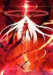  1girl ahoge barefoot copyright_name dragon_horns dragon_tail dress fire flame full_body horns long_hair looking_at_viewer pixiv_fantasia pixiv_fantasia_last_saga red_background red_dress red_eyes solo tail very_long_hair white_hair xiao_yeyouxi 