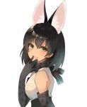  alternate_color alternate_hair_color animal_ear_fluff animal_ears bare_shoulders black_gloves black_hair black_skirt bow bowtie commentary_request elbow_gloves extra_ears eyebrows_visible_through_hair finger_to_mouth gloves kemono_friends looking_at_viewer nyanco520 print_gloves print_neckwear serval_(kemono_friends) serval_ears serval_print shirt short_hair simple_background skirt sleeveless smile smug upper_body white_background white_shirt yellow_eyes 