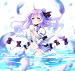  1girl ahoge azur_lane bare_shoulders blurry blush collarbone commentary_request depth_of_field doll_hug dress elbow_gloves feathers gloves hair_bun hair_ribbon long_hair looking_away looking_up nitchi ocean one_side_up partially_submerged purple_eyes purple_hair ribbon see-through side_bun solo stuffed_alicorn thighhighs unicorn_(azur_lane) water_drop wet white_background white_dress white_gloves white_legwear wind zettai_ryouiki 