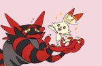  &lt;3 2019 :d ambiguous_gender anthro barefoot bodily_fluids buckteeth claws crying felid feline fur green_eyes holding_(disambiguation) incineroar lagomorph leporid long_ears mammal nintendo open_mouth opokemaniac pink_background pok&eacute;mon pok&eacute;mon_(species) pose rabbit scorbunny sharp_claws simple_background size_difference standing tears teeth tongue video_games 