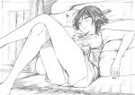  1girl absurdres alternate_costume arm_across_waist armpits blush breasts closed_eyes crossed_legs hand_on_own_stomach hiei_(kantai_collection) highres kantai_collection kojima_takeshi medium_breasts short_hair shorts sketch sleeping solo tank_top thighs 