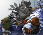  abs anthro biceps biped black_fur black_nose blue_fur blush bottomwear canid canine clothed clothing digimon digimon_(species) dog_tags drks duo ear_piercing ear_ring frottage fur grey_fur hi_res humanoid_penis male male/male mammal masturbation multicolored_fur muscular muscular_male nipples pecs penis piercing scar sex shadowweregarurumon two_tone_fur weregarurumon white_fur yellow_eyes 