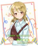  1girl absurdres apron bangs blue_shirt blush border brown_eyes character_name commentary commentary_request confetti dated dress_shirt drill_hair eyebrows_visible_through_hair hair_ornament hairclip hands_clasped happy_birthday highres idolmaster idolmaster_cinderella_girls idolmaster_cinderella_girls_starlight_stage interlocked_fingers light_brown_hair long_sleeves looking_at_viewer medium_hair momochi_(hana_tubakino) morikubo_nono own_hands_together party_popper red_border shirt smile solo upper_body white_background 