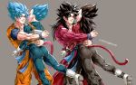  4boys armor artist_name black_hair blue_eyes blue_hair boots dougi dragon_ball dragon_ball_gt dragon_ball_super dual_persona frown gloves highres hug kim_yura_(goddess_mechanic) male_focus monkey_tail multiple_boys muscle open_mouth smile son_gokuu spiked_hair super_saiyan_4 super_saiyan_blue tail twitter_username vegeta white_footwear white_gloves wristband yellow_eyes 