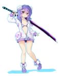  1girl breasts choker cleavage full_body hair_between_eyes hair_ornament holding holding_sword holding_weapon hood hoodie iwasi-r looking_at_viewer navel neptune_(neptune_series) neptune_(series) open_clothes open_mouth purple_eyes purple_footwear purple_hair short_hair small_breasts solo standing sword weapon white_choker 