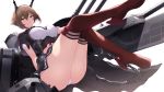  1girl ass bangs black_skirt blush breasts brown_hair cait capelet chain crossed_legs gloves green_eyes hairband headgear highres kantai_collection large_breasts looking_at_viewer midriff miniskirt mutsu_(kantai_collection) parted_lips red_legwear rigging short_hair simple_background skirt smile solo thighs turret underbust white_background white_gloves 
