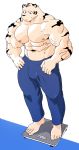  2018 5_fingers abs anthro biceps bottomwear bulge clothed clothing felid fingers fur hi_res kemono leucistic male mammal muscular muscular_male nipples pantherine pants pecs simple_background solo syukapong tiger topless 