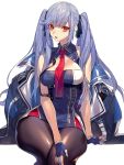  1girl azur_lane bangs bare_shoulders black_legwear black_ribbon blue_gloves blue_hair braid breasts cloak essex_(azur_lane) eyebrows_visible_through_hair french_braid gloves hachizowo hair_ribbon highres long_hair looking_at_viewer medium_breasts necktie open_mouth pantyhose partly_fingerless_gloves red_eyes red_neckwear ribbon side_braid simple_background sitting sleeveless solo sweat swept_bangs thick_thighs thighs twintails white_background wide_hips 