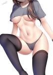  1girl black_legwear black_panties breasts breasts_apart brown_hair cameltoe collarbone crop_top grey_shirt groin hair_over_shoulder head_out_of_frame highres knee_up large_breasts long_hair navel no_bra no_pants no_shoes original panties shirt short_sleeves signature simple_background solo stomach thighhighs thighs underboob underwear white_background wsman 