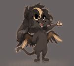  2019 anthro black_fur black_hair black_nose black_sclera digital_media_(artwork) domestic_cat feathered_wings feathers felid feline felis fur grey_background hair hi_res hybrid male mammal open_mouth plantigrade reysi simple_background smile solo teeth tongue wings yellow_eyes 