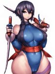  1girl bare_shoulders black_hair blade blue_gloves breasts cameltoe commentary_request covered_nipples curvy dual_wielding elbow_gloves fumio_(rsqkr) gloves heterochromia highres holding large_breasts lips looking_at_viewer navel samurai_spirits sash shiki_(samurai_spirits) short_hair simple_background solo thick_thighs thighs white_background wide_hips 