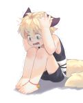  1boy absurdres animal_ears barefoot blonde_hair blue_eyes blush feet fox_boy fox_ears fox_tail highres male_focus open_mouth original scared shadow shotac0n simple_background solo tail trembling wavy_mouth white_background 