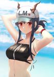  1girl absurdres arknights arm_behind_back armpits arms_up bare_arms bare_shoulders baseball_cap black_hair blue_sky blurry blurry_background breasts ch&#039;en_(arknights) cloud crop_top depth_of_field halterneck hat highres horns horns_through_headwear long_hair looking_at_viewer medium_breasts midriff navel red_eyes rko_(a470350510) sidelocks sky sleeveless smile solo stomach tied_hair upper_body wristband 