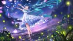  aqua_eyes aqua_hair barefoot clouds dress hatsune_miku long_hair night petals sky stars vocaloid water 