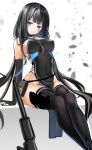  1girl arm_support bare_shoulders between_breasts black_collar black_dress black_gloves black_hair black_legwear blue_eyes blue_hair blurry blurry_background blush breasts chain closed_mouth collar covered_navel covered_nipples depth_of_field dress elbow_gloves feet_out_of_frame gloves groin kurotobi_rarumu large_breasts long_hair multicolored_hair original pelvic_curtain petals sitting sketch smile solo streaked_hair thighhighs very_long_hair white_background 