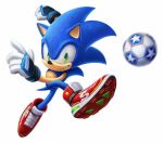  1boy 3d ball gloves green_eyes grin kicking looking_at_viewer shoes smile sneakers soccer soccer_ball sonic sonic_the_hedgehog source_request sweat 