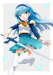  1girl :d bangs blue_eyes blue_hair blue_hairband blue_skirt blue_sleeves boots eyebrows_visible_through_hair fingerless_gloves floating_hair gloves gochou_(atemonai_heya) grey_background hairband holding holding_sword holding_weapon long_hair long_sleeves looking_at_viewer magic_knight_rayearth miniskirt open_mouth pleated_skirt ryuuzaki_umi shiny shiny_hair shoulder_armor sketch skirt smile solo standing standing_on_one_leg sword thigh_boots thighhighs weapon white_background white_footwear white_gloves zettai_ryouiki 