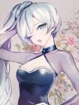  1girl blue_eyes breasts cleavage earrings ecru grey_background hand_in_hair hand_on_hip head_tilt jewelry long_hair long_sleeves looking_at_viewer one_eye_closed open_mouth rwby scar scar_across_eye shrug_(clothing) side_ponytail silver_hair small_breasts solo upper_body very_long_hair weiss_schnee 