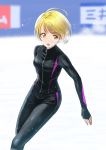  1girl black_gloves black_jacket black_pants blonde_hair blurry blurry_background fingerless_gloves gloves highres hugtto!_precure ice_skating ito_user_2810a jacket kagayaki_homare long_sleeves looking_to_the_side open_mouth pants precure short_hair skating solo yellow_eyes zipper 