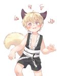  1boy @_@ absurdres animal_ears barefoot blonde_hair blush dizzy_(feeling) drooling fox_boy fox_ears fox_tail highres japanese_clothes male_focus original shotac0n simple_background solo tail white_background 