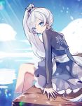  1girl bangs blue_eyes blue_skirt blue_sky closed_mouth cloud day earrings ecru floating_hair from_side jewelry long_hair looking_at_viewer miniskirt outdoors rwby shrug_(clothing) signature silver_hair sitting sketch skirt sky smile snowflake_print soaking_feet solo swept_bangs very_long_hair weiss_schnee 