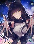  1girl bangs black_bow black_hair blake_belladonna bow closed_mouth ecru eyebrows_visible_through_hair floating_hair hair_bow long_hair looking_at_viewer midriff navel outstretched_arms outstretched_hand reaching_out rwby signature sleeves solo stomach upper_body very_long_hair yellow_eyes 